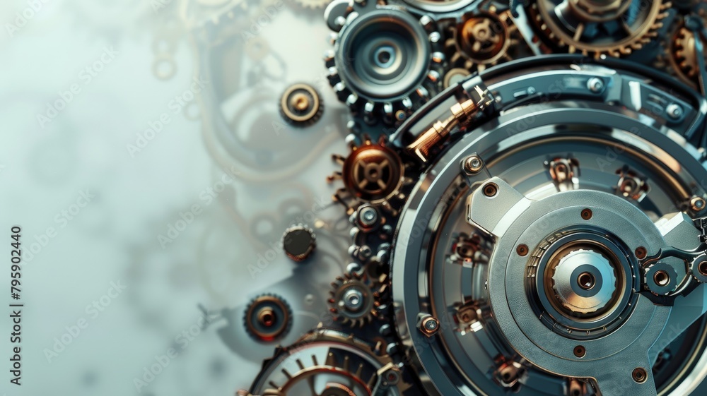 Poster intricate machinery with interconnected gears and cogs on blue gradient background