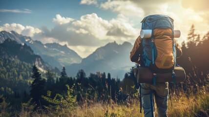 Fototapeta na wymiar Trekker with large backpack hiking in mountainous terrain at sunrise
