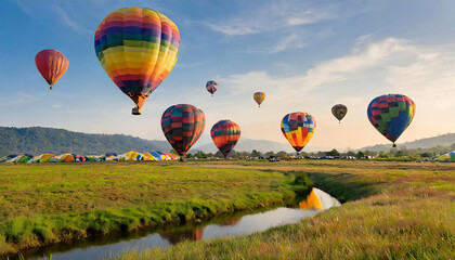 Multiple colorful hot air balloons spread out over the grassland. The sky and hot air balloons. A hot air balloon with a spectacular view.