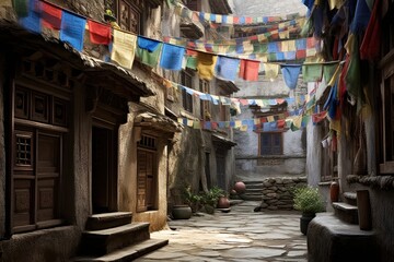Naklejka premium Tibetan prayer flags architecture building outdoors.