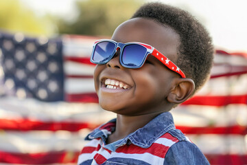 Side view portrait of African American little boy portrait with American flag as background for American Independence Day