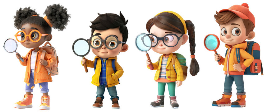 Four cartoon characters of school children using magnifying glasses. Isolated over transparent background