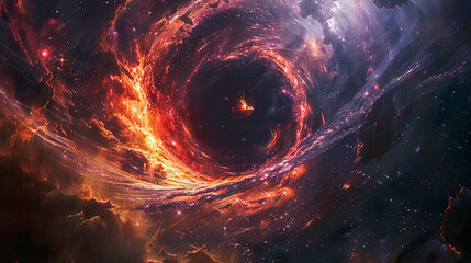 Black hole creating a swirling vortex of cosmic matter and light in the vastness of space. - 795903035