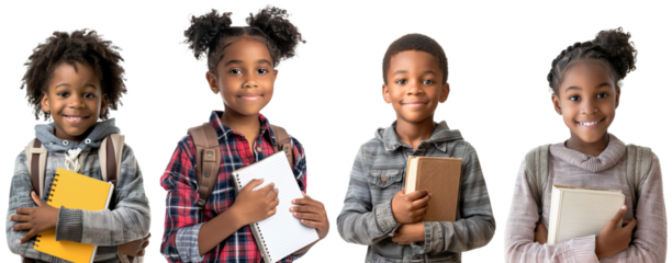 African American school children portraits holding notebooks and books posing against white transparent background