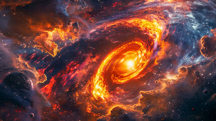 Radiant vortex of golden light and fiery energy swirls through the dark reaches of outer space. - 795903077