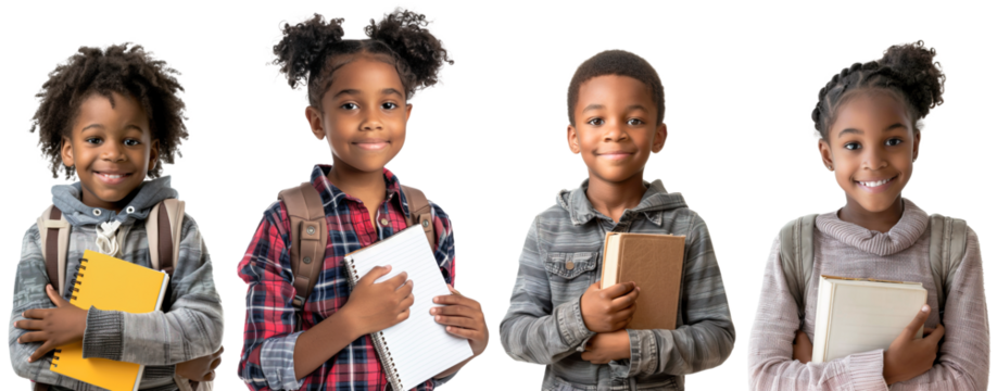 African American school children portraits holding notebooks and books posing against white transparent background
