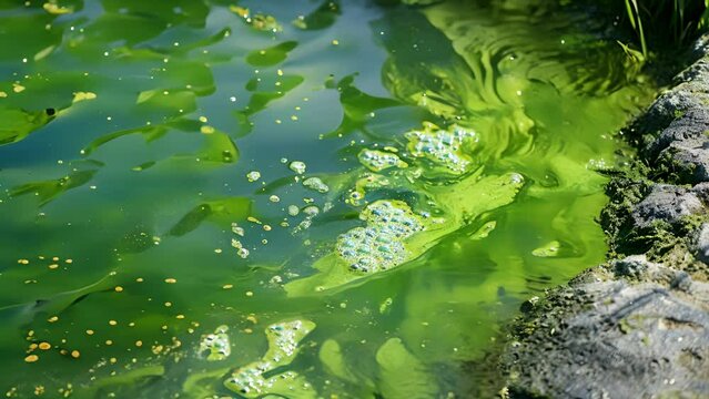 Closeup of Algae blooms in a body of water These overgrowths of algae can produce toxins that can be harmful to humans and animals. Proper wastewater management and reducing nutrient .