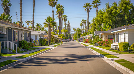 Palm tree-lined street with small colorful houses, well-maintained lawns, and a clear blue sky. - 795903206