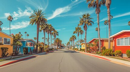 Palm tree-lined street with colorful houses and a bright blue sky, creating a vibrant and inviting neighborhood scene. - 795903231