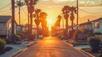 Palm tree-lined street at sunset, with houses on both sides and a golden glow illuminating the scene. - 795903257