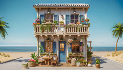 Quaint cottage adorned with colorful flowers and a wooden deck, overlooking a serene ocean and a clear sky. - 795903620