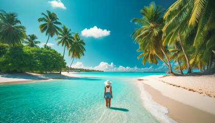 Woman in a white hat and denim shorts stands in shallow turquoise waters on a palm-lined tropical beach.