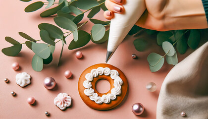Decorated cookie on a pink surface with frosting bag, eucalyptus leaves, and decorative pearls. - 795903690