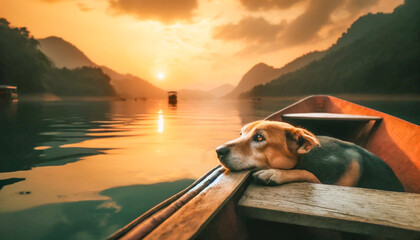 Dog resting on the edge of a boat, gazing out at a serene sunset over a calm lake surrounded by mountains... - 795903695