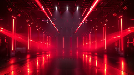 A long red hallway with neon lights. Scene is eerie and mysterious
