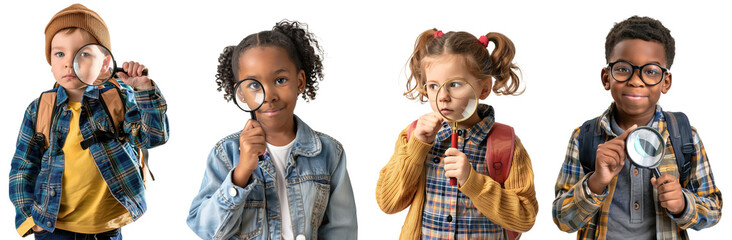 Collection of multiethnic school children using magnifying glass over isolated white transparent background