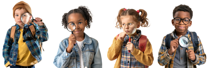 Collection of multiethnic school children using magnifying glass over isolated white transparent background