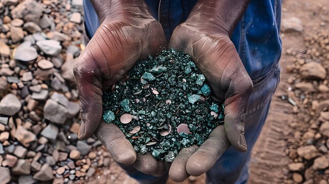 dirty hands of poor miner filled with raw cobalt ore, dangerous mining in Africa Congo, human rights violation problem, battery ressources, exploitation