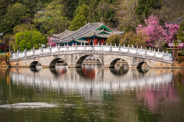 A bridge in the Black Dragon Pool in Lijiang old town of Yunnan, China. This is considered one of...