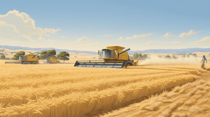 A painting depicting a farmer operating his tractor in a wheat field during the harvest season.