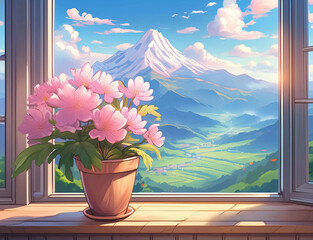山を見下ろす窓辺に置かれた、満開の綺麗なピンクの花が咲いている鉢のアニメ風イラスト