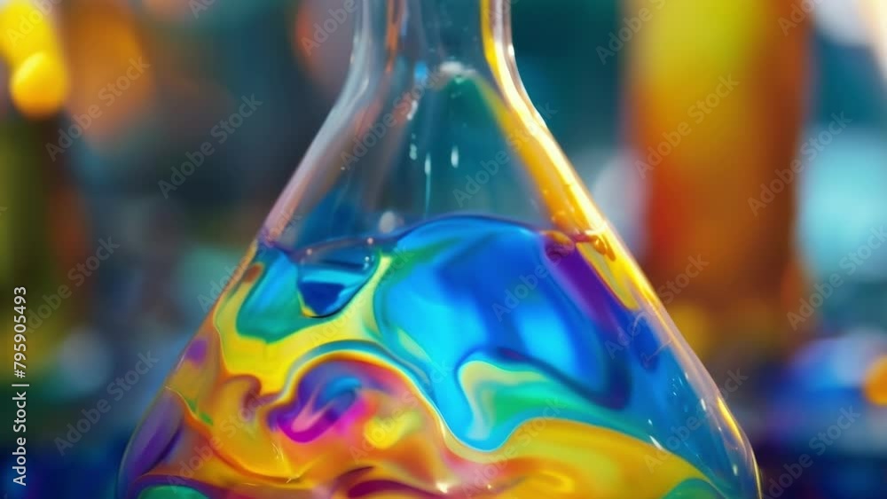 Poster in the midst of a chemical reaction small colorful molecules swirl and mix together in a glass flask