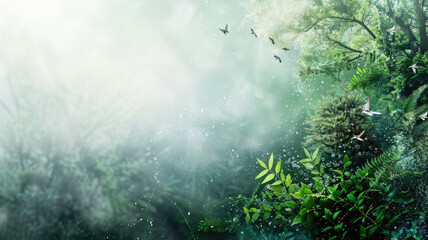 Lush green forest with mist and birds flying