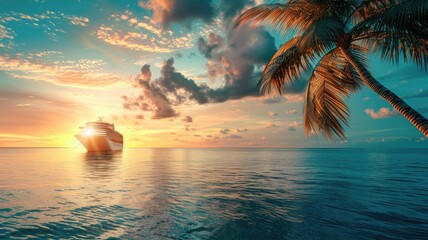 Cruise ship sailing at sunset under vibrant sky, with palm fronds in foreground