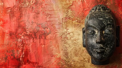 Sculpted African mask against textured red and gold background