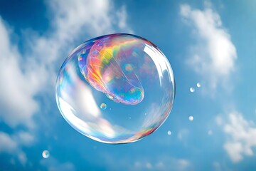 Experience the magic of transparency with an HD image of a floating soap bubble, displaying vibrant colors against a clear sky background