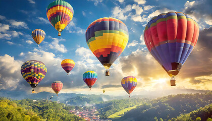 Obraz premium Multiple colorful hot air balloons spread out over the grassland. The sky and hot air balloons. A hot air balloon with a spectacular view.