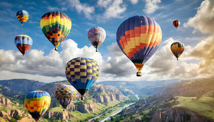 Obraz premium Multiple colorful hot air balloons spread out over the grassland. The sky and hot air balloons. A hot air balloon with a spectacular view.