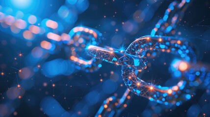 Abstract digital representation of DNA double helix with glowing nodes and connections on dark blue background