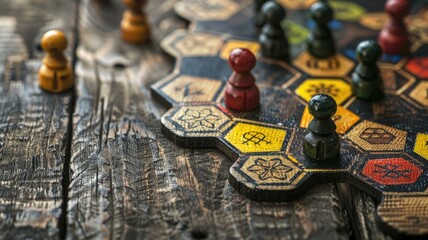 Colorful wooden pawns on hexagonal patterned board game