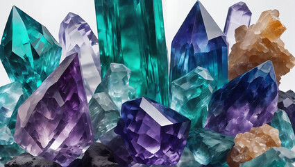 Images of crystalline structures in transparent and translucent forms, showcasing the refractive properties of different minerals and gemstones in hues like crystal clear, sapphire blue ULTRA HD 8K