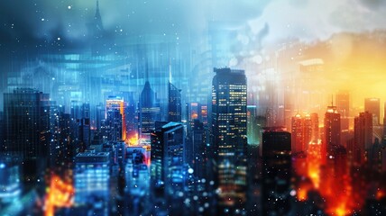 Obraz na płótnie Canvas Futuristic cityscape with glowing lights under blue twilight sky