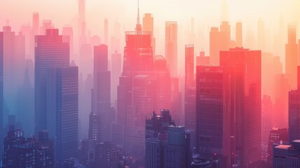 Fototapeta premium Skyscrapers bathed in pink and orange hues during sunset