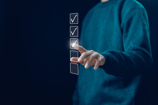 man tick checkmark in the survey item, evaluation tick mark. concept of task audit in a list of documents, option check form online, checklist process order, business verify task detail