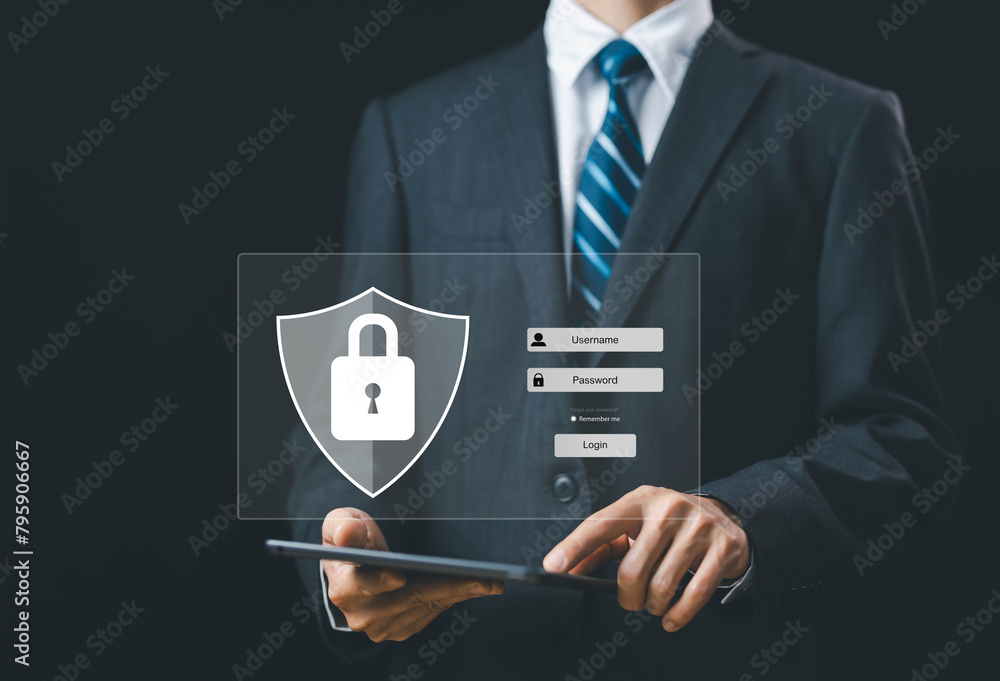 Poster cybersecurity internet, password security, and privacy on an online system lock mark protect attacks