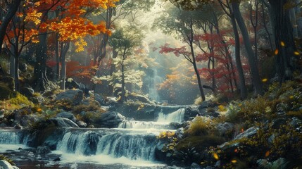 Fototapeta na wymiar Waterfall amidst lush forest trees