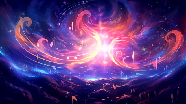 Sound waves with central music note in colorful radiance. Looping 4k video animation background