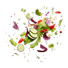 falling salad of vegetables on white background