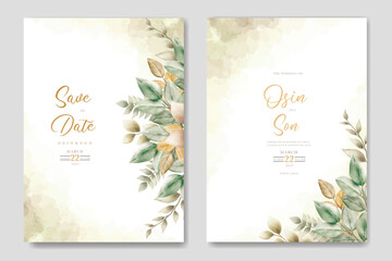 wedding invitation card template set with watercolor leaves decoration 