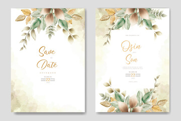 wedding invitation card template set with watercolor leaves decoration 