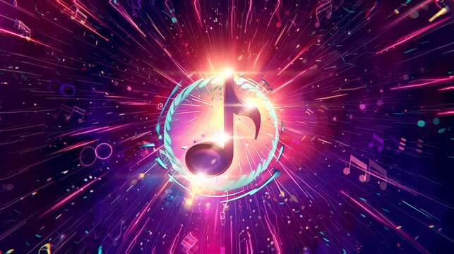 Central music note in colorful radiance. Looping 4k video animation background