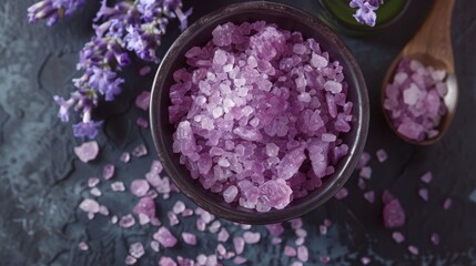 Purple crystals in bowl with wooden spoon and lavender flowers