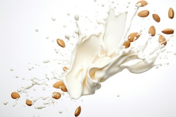 Almonds milk splash falling dairy food. - obrazy, fototapety, plakaty