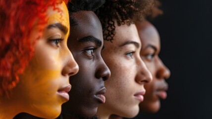Side profile of four diverse individuals in row, with colorful lighting on one