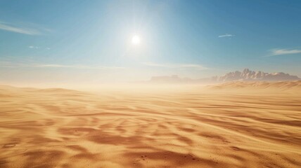 Fototapeta na wymiar Golden desert dunes under bright sun with clear skies
