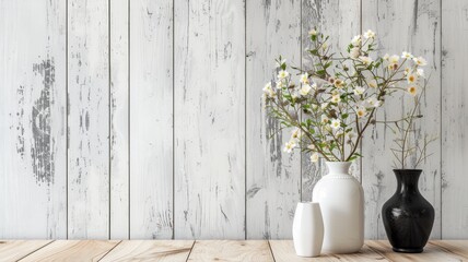 White and black vases with flowers against rustic wooden backdrop